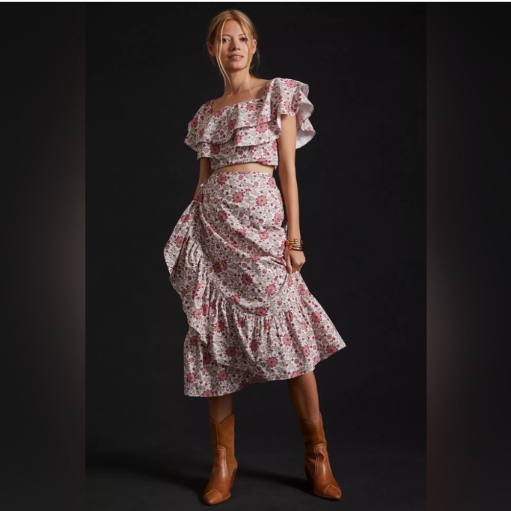 Anthropologie Floral Skirt Set - Pink and White